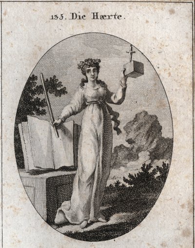Allegory of severity crowned with an oak branch, attribute of strength. She relies on a book of laws and holds a rod of iron. The cube in which a dagger is slowing desires its closeness and its inflexibility. Engraving in “” Iconologie oder Ideen aus dem G بواسطة المدرسة النمساوية