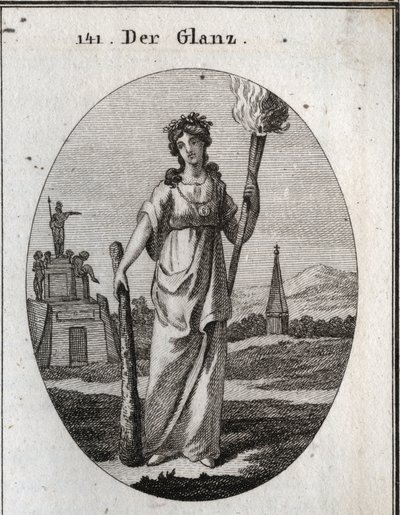 رمزية من الروعة. النادي الذي تعتمد عليه هو رمز الفضائل. السلسلة والميدالية الذهبية هي الأجر. شعلة الضوء هي ضوء للأعمال الجميلة. نقش في Iconologie oder Ideen aus dem Gebiete der Leidenschaften und Allegorien bi بواسطة المدرسة النمساوية