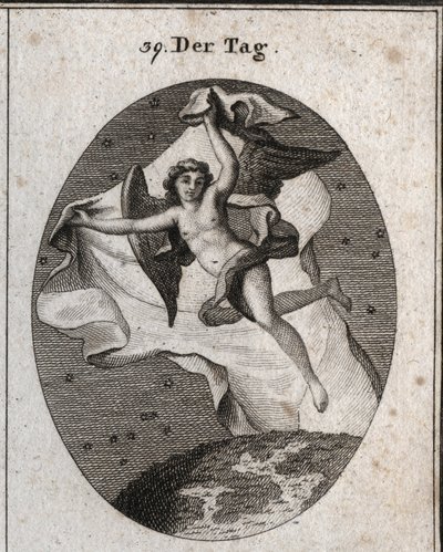 Allegory of the day flying quickly and hiding the night and the stars using a bright large veil. Engraving in “” Iconologie oder Ideen aus dem Gebiete der Leidenschaften und Allegorien bildich dargestellt fur Zeichner, Mahler, Dichter, Gelehrte, Erzieher u بواسطة المدرسة النمساوية