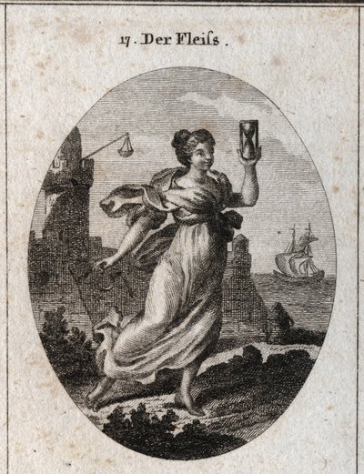 رمزية من الاجتهاد الممثل يمشي بسرعة. سماتها هي الساعة الرملية (الساعة الرملية) ورمز النشاط والدقة الحافز. النقش في أيقونات أو أفكار من عالم المشاعر والرموز الموضحة لـ "" بواسطة المدرسة النمساوية