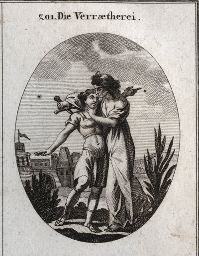 حكاية الخيانة. امرأة عجوز مروعة تداعب شابًا وسيمًا وتستعد لطعنه في نفس الوقت. النقش في أيقونات "" أو أفكار من مجال العواطف والرموز الموضحة للرسامين والرسامين والشعراء والمواد الهلامية بواسطة المدرسة النمساوية