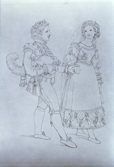 تصميمات أزياء لفيغارو وسوزانا من أوبرا "زواج فيغارو" لفولفجانج أماديوس موتسارت (1756-91) (نقش) بواسطة المدرسة النمساوية