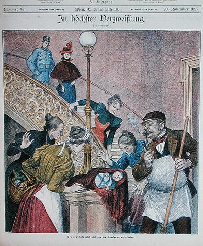 غلاف مجلة نمساوية يصور رضيعًا مهجورًا على درج كتلة من الشقق ، 28 نوفمبر 1897 (لون ليثو) بواسطة المدرسة النمساوية