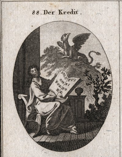 رمز الائتمان يحمل كتابًا بنقش "Solutus omni foenore" "(خالٍ من الفوز للجميع). في الخلفية ، رمز غريفون للحفاظ على التريزور والحفاظ عليه. نقش في "" Iconologie oder Ideen aus dem Gebiete der Leiden بواسطة المدرسة النمساوية