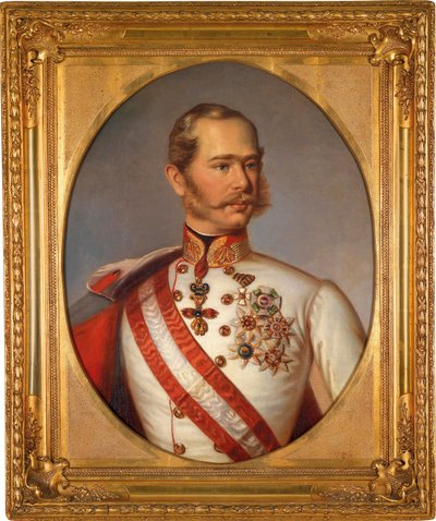 صورة لفرانسوا جوزيف الأول ملك النمسا (1830-1916). لديه وسام من الصوف الذهبي. لوحة مجهولة ، زيت على قماش ، حوالي عام 1855. الفن النمساوي بواسطة المدرسة النمساوية