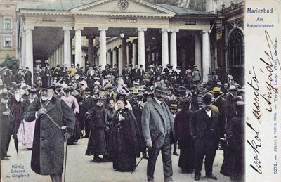 بطاقة بريدية تصور الملك إدوارد السابع (1841-1910) يزور منتجع مارينباد ، حوالي 1905 بواسطة المدرسة النمساوية