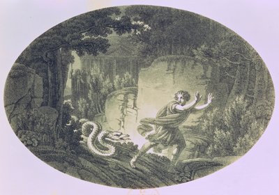 Tamino يلاحقه الثعبان العملاق ، Act I المشهد الأول من `` The Magic Flute &39;&39; بواسطة Wolfgang Amadeus Mozart (1756-91) (النقش) بواسطة المدرسة النمساوية