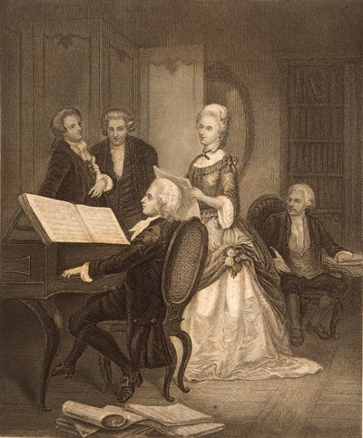 Wolfgang Amadeus Mozart accompanying Caterina Maddalena Giuseppa (engraving) بواسطة المدرسة النمساوية
