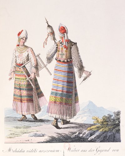 النساء في الزي التقليدي لمنطقة المهدية ، توضيح من كتاب Costumes de Hongrie من تأليف JH de Bikkesy ، 1810 (نقش ملون) بواسطة المدرسة النمساوية