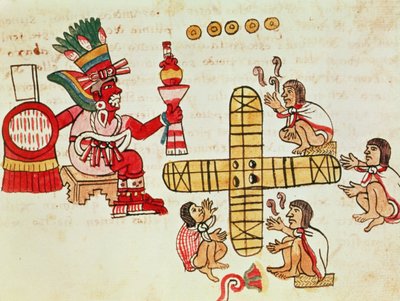 القمار باتولي والإله ، Xochipilli ، من Codex Magliabechiano (الرق) بواسطة ازتيك