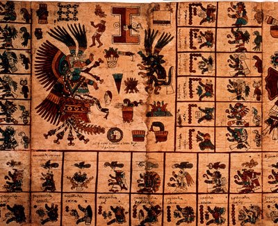 تمثيل آلهة الأزتك والمربعات المقابلة للتقويم. صفحة من مخطوطة الأزتك على اللحاء "Codex Borbonicus" "، مخطوطة السكان الأصليين قبل الكولومبية بوسط المكسيك ، أواخر القرن الخامس عشر. مكتبة الجمعية الوطنية (قصر بوربون). بواسطة ازتيك