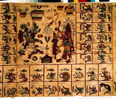تمثيل آلهة الأزتك والمربعات المقابلة للتقويم. صفحة من مخطوطة الأزتك على اللحاء "Codex Borbonicus" "، مخطوطة السكان الأصليين قبل الكولومبية بوسط المكسيك ، أواخر القرن الخامس عشر. مكتبة الجمعية الوطنية (قصر بوربون). بواسطة ازتيك