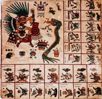 تمثيل Quetzalcoatl و Tezcatlipoca وآلهة الأزتك والمربعات المقابلة للتقويم. صفحة من مخطوطة الأزتك على اللحاء "Codex Borbonicus" "، مخطوطة السكان الأصليين قبل الكولومبية بوسط المكسيك ، أواخر القرن الخامس عشر. مكتبة الوطنية أس بواسطة ازتيك