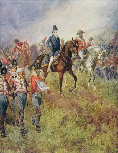 "الخط الكامل سوف يتقدم" ، ويلينغتون في معركة واترلو في عام 1815 ، من "المعارك البريطانية على البر والبحر" حرره السير إيفلين وود (1838-1919) 1915 بواسطة ب. جرانفيل بيكر
