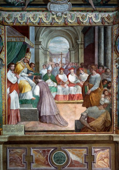 سلستين الثالث يكرس أول أسقف فيتربو في عام 1192 ، تفاصيل اللوحات الجدارية من قبل Baldassare Croce بواسطة بالداسار كروس