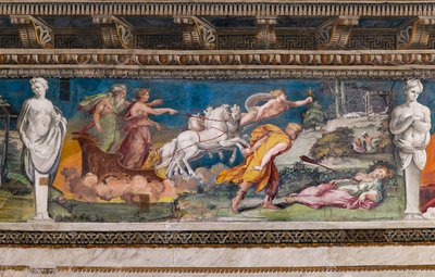 Procris مخوزق بواسطة الرمح الذي لا يخطئ أبدًا ، Cephalus يركض نحوها و Aurora و Titone على عربة تجرها أربعة خيول بواسطة Baldassarre Peruzzi