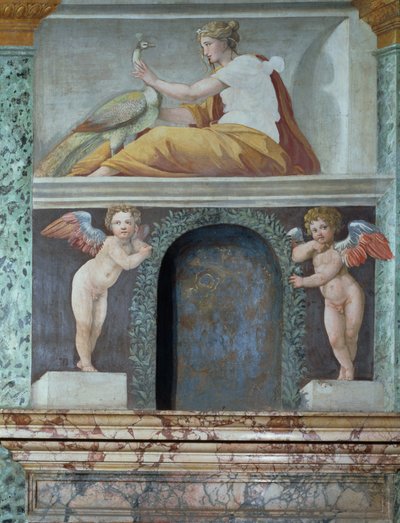 قاعة Sala delle Prospettive Hall of Perspective لتفاصيل trompe loeil المتخصصة التي تصور الإلهة Juno مع الطاووس ، 1518-19 فريسكو بواسطة Baldassarre Peruzzi