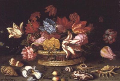 سلة زهور مع أصداف على حافة (لوحة زيتية) بواسطة Balthasar van der Ast