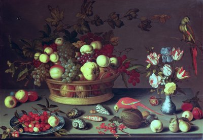 سلة عنب وفاكهة أخرى (زيت على لوح) بواسطة Balthasar van der Ast