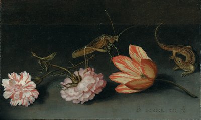 قرنفل ، خزامى ببغاء ، جندب و سحلية على الحافة بواسطة Balthasar van der Ast