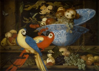 الفاكهة لا تزال الحياة مع اثنين من الببغاوات بواسطة Balthasar van der Ast