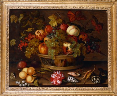 العنب والتفاح والخوخ والخوخ في سلة مع زنبق الوادي بواسطة Balthasar van der Ast