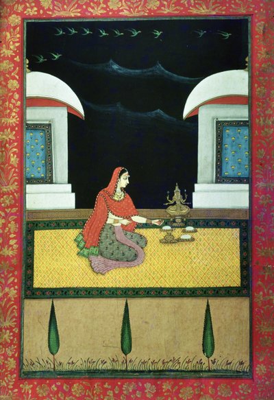 امرأة جالسة على سجادة ، 1750 (غواش على ورق) بواسطة Bangazi Ragini