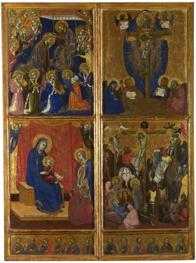 تتويج العذراء. الثالوث. العذراء والطفل مع المتبرعين. الصلب. الرسل الاثني عشر ، 1374 بواسطة بارنابا دا مودينا