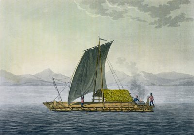طوف يغادر ميناء غواياكيل ، الإكوادور ، من "Le Costume Ancien et Moderne" ، المجلد الثاني ، اللوحة 9 ، بقلم جولز فيراريو ، محفور بواسطة باولو فوماجالي ، تم نشره في 1820s-30s بواسطة البارون فريدريش ألكسندر فون هومبولت