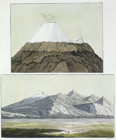 قمة Cotopaxi (أعلى) ، وثوران Cotopaxi ، 1803 (أسفل) ، من "Le Costume Ancien et Moderne" ، المجلد الأول ، بقلم جولز فيراريو ، تم نشره في 1820s-30s بواسطة البارون فريدريش ألكسندر فون هومبولت
