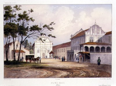 منزل الدولة في ملقا ، نقش بواسطة ألفريد ليون ليميرسييه ، حوالي عام 1840 (ليثو ملون يدويًا) بواسطة بارثيليمي (بعد) لوفيرني