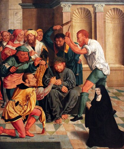 بالألمانية: Dornenkrönung Christi mit kniender Benediktinerin als Stifterin المسيح متوج بالشوك مع راهبة بنديكتية راكعة كمتبرعة بواسطة بارثولوماوس بروين الأكبر