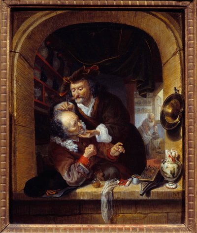 الطب: "" طبيب يصنع نزيفًا طفيفًا لعلاج صداع مريضه "" لوحة لبارثولوميوس ماتون (1643-1684) القرن السابع عشر. 0،27x0،21 م باريس ، متحف دو بيتيت باليه بواسطة بارثولوماوس ماتون