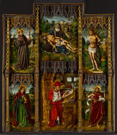 المذبح المحمول: Pietà و Saints Francis و Sebastian و John the Evangelist و Jerome و John the Baptist ، c.1500 بواسطة بارتولومي بيرميجو