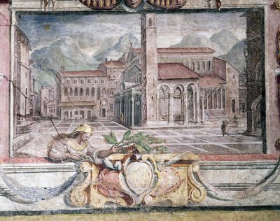 غرفة نوم ، تفاصيل إفريز يصور مدنًا تحت حكم ميديشي ، بستويا ، 1564-75 فريسكو بواسطة بارتولوميو عماناتي