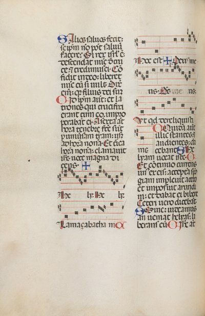 Missale: Fol. 121v: يحتوي على موسيقى لـ Hely Hely Lama وما إلى ذلك داخل St. Mattion Passion ، 1469. بواسطة بارتولوميو كابورالي