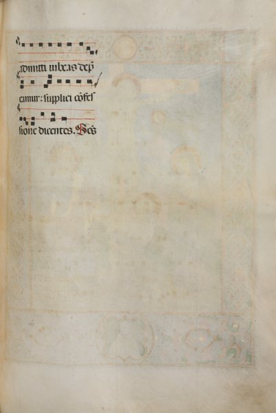 Missale: Fol. 185: صليب ، وأوراق ، وموسيقى للصلاة العادية المختلفة ، 1469. بواسطة بارتولوميو كابورالي