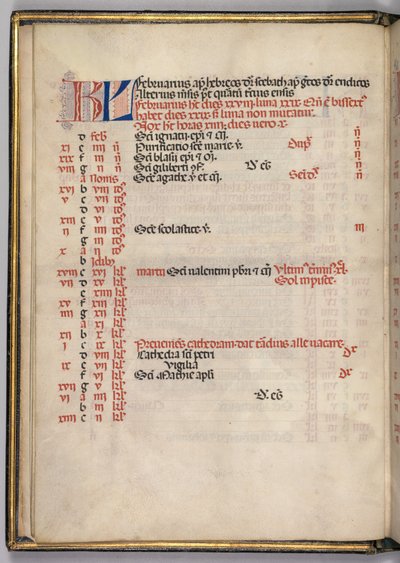 Missale: Fol. 3 ظ: صفحة تقويم فبراير 1469. بواسطة بارتولوميو كابورالي