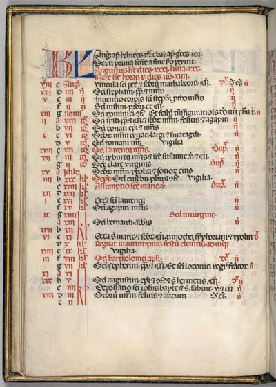 Missale: Fol. 6v: صفحة تقويم أغسطس ، 1469. بواسطة بارتولوميو كابورالي