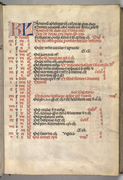 Missale: Fol. 8 و: صفحة تقويم نوفمبر 1469. بواسطة بارتولوميو كابورالي