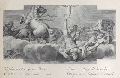 اللوحة 34: العجلة ، Auriga ، يسقط من العربة في المركز ، بثلاثة خيول في ... ، 1756 بواسطة بارتولوميو كريفيلاري