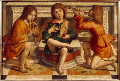 ثلاثة موسيقيين ملائكة رسم بارتولوميو مونتانا (1450-1523) شمس القرن السادس عشر. 0،47 × 0،7 م ليون ، متحف الفنون الجميلة بواسطة بارتولوميو مونتانا