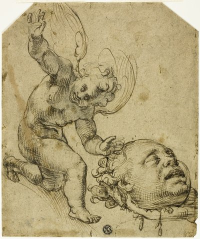 رسمان تخطيطيان: راكع على ركبتيه يحمل رأساً (الوجه) تفاصيل طفل ذكر عاري (الظهر) بواسطة Bartolomeo Passarotti