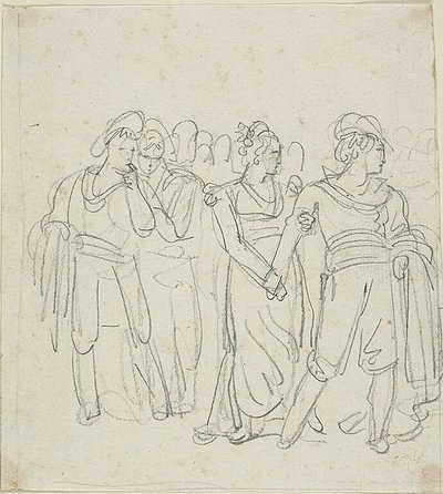 رئيس عصابة تعيقه امرأة (على الوجه)؛ رسم لشخصين في منظر طبيعي (على الظهر) بواسطة بارتولوميو بينيلي