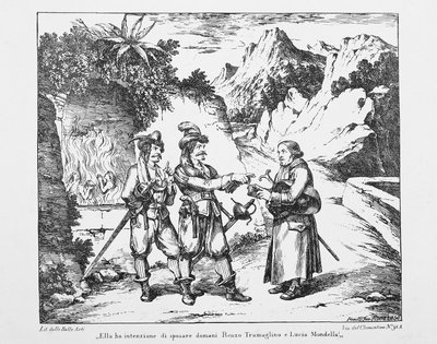 يصادف دون أبونديو اثنين من Bravi ، مطبوعة حجرية لبارتولوميو بينيلي (1781-1835) للمخطوبين من قبل أليساندرو مانزوني (1785-1873) ، إيطاليا ، القرن التاسع عشر بواسطة بارتولوميو بينيلي