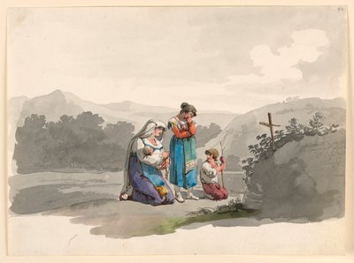 رسم، امرأة مع طفلها الرضيع تصلي أمام الصليب الذي يشير إلى المكان الذي قُتل فيه زوجها، 1807-08 بواسطة بارتولوميو بينيلي