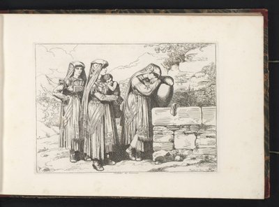 ثلاث نساء وطفل من سيرفارا دي روما كوستومي دي سيرفارا (العنوان على الكائن) طبعات أزياء مع شخصيات من روما والمناطق المحيطة بها (عنوان المسلسل) Nuova raccolta di cinquanta costumi de contorni di Roma (عنوان المسلسل) بواسطة بارتولوميو بينيلي