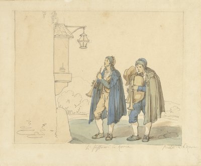 عازف الفلوت وعازف مزمار القربة أمام منزل لي بيفيراري في روما (العنوان على الجسم) بواسطة بارتولوميو بينيلي