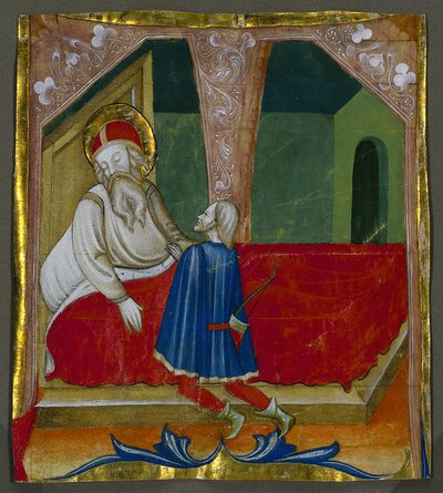 أول حرف T من كتاب كورالي مع إسحاق وعيسو بواسطة Bartolomeo da Gallarate