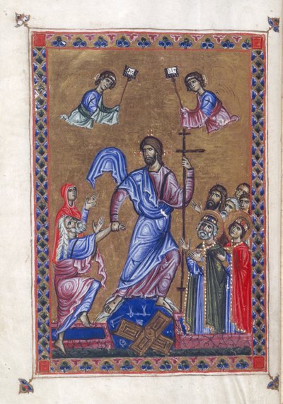 Egerton 1139 ، f.9v Harrowing of Hell ، رسم توضيحي من "سفر المزامير للملكة Melisende ، القدس حوالي 1131-40 (حبر ولون وذهب على ورق) بواسطة باسل باسل